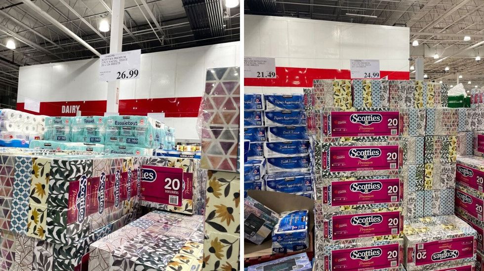 boxes of \u200b\u200bScotties tissues at Costco in 2025 and 2024