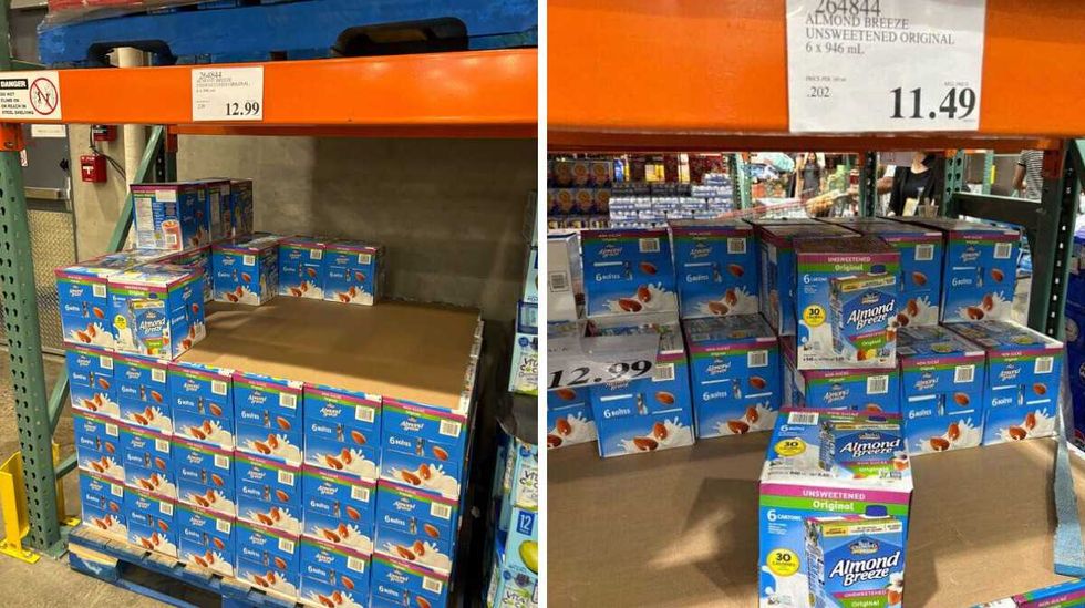 boxes of \u200bAlmond Breeze almond beverage at Costco. Right: boxes of Almond Breeze almond beverage in 2025.