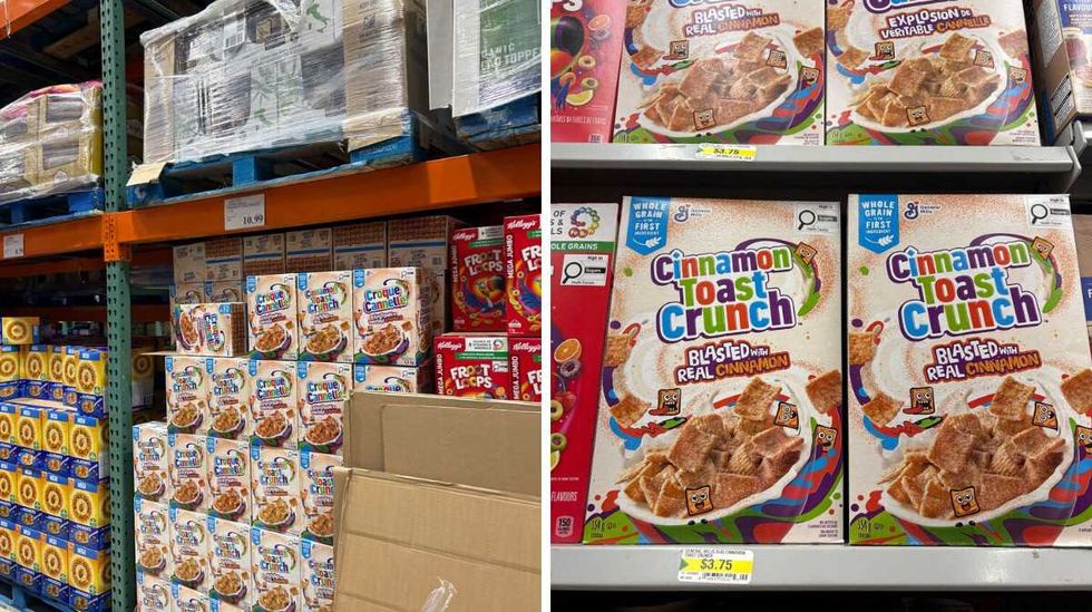 boxes of \u200bCinnamon Toast Crunch at Costco. Right: boxes of Cinnamon Toast Crunch at Dollarama.