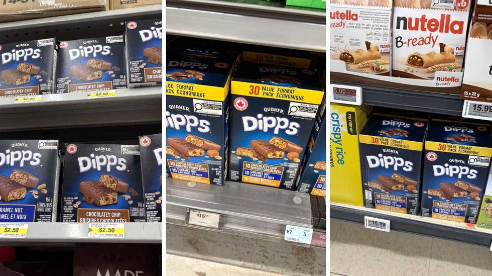 boxes of \u200bDipps chocolate-covered granola bars at Dollarama. Centre: boxes of Dipps chocolate-covered granola bars at Walmart. Right: boxes of Dipps chocolate-covered granola bars at Loblaws.