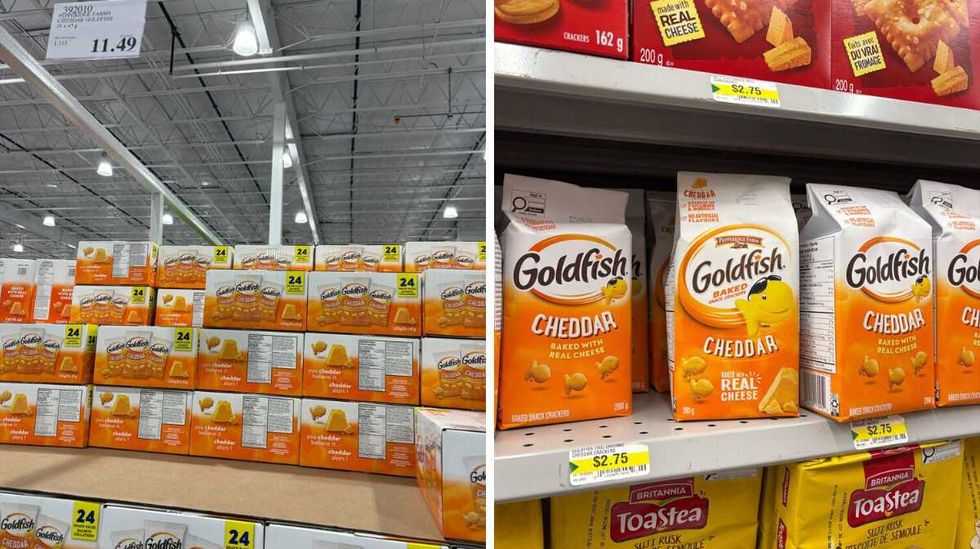boxes of \u200bGoldfish crackers at Costco. Right: bags of Goldfish crackers at Dollarama.