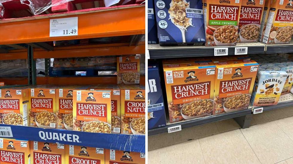 boxes of \u200bHarvest Crunch granola cereal at Costco. Right: boxes of Harvest Crunch granola cereal at Loblaws