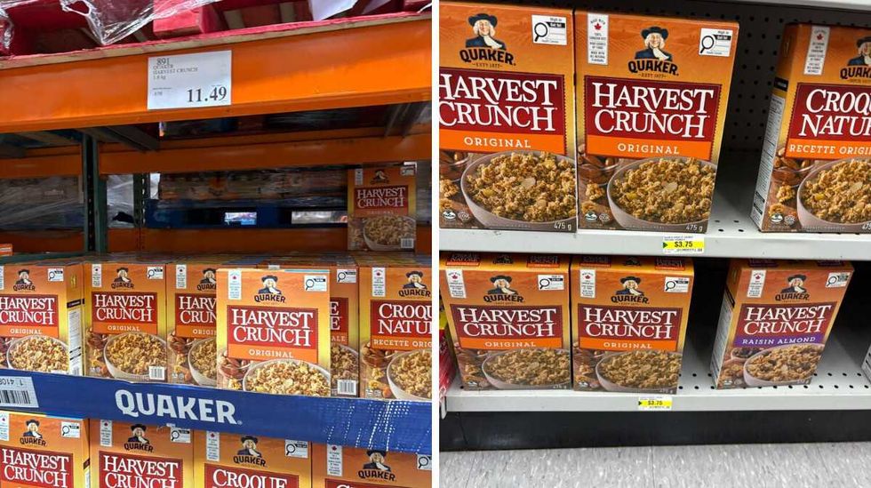 boxes of \u200bHarvest Crunch granola cereal at Costco. Right: boxes of Harvest Crunch granola cereal on shelves at Dollarama.