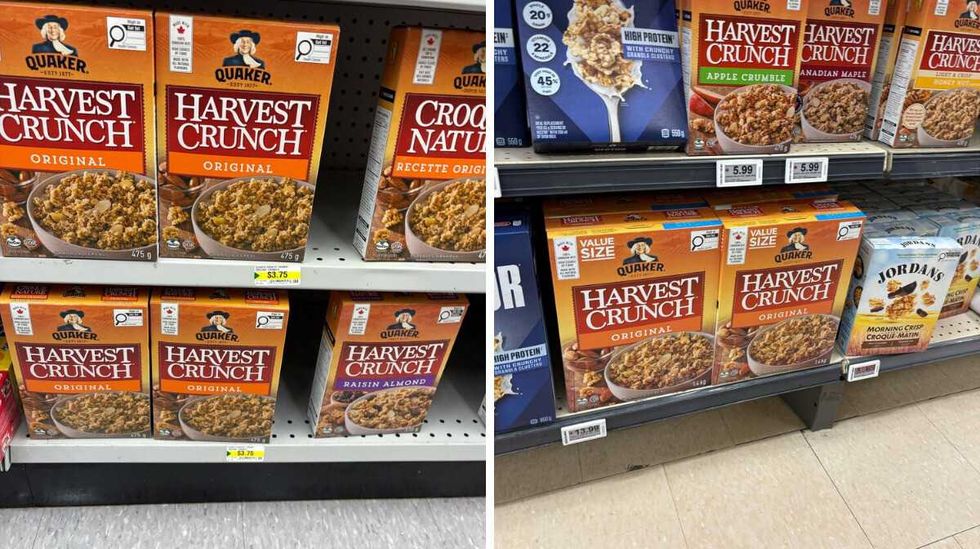 boxes of \u200bHarvest Crunch granola cereal at Dollarama. Right: boxes of Harvest Crunch granola cereal at Loblaws.