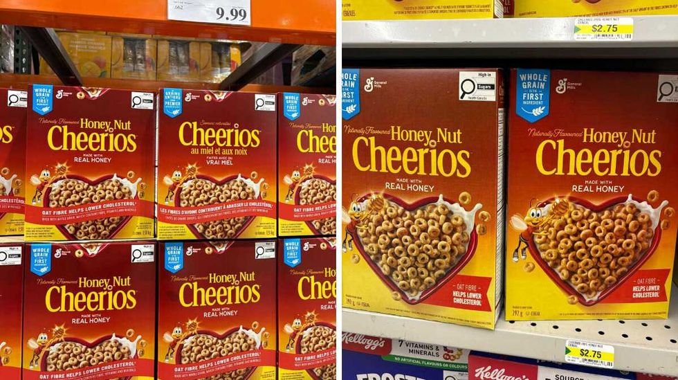 boxes of \u200bHoney Nut Cheerios at Costco. Right: boxes of Honey Nut Cheerios at Dollarama.