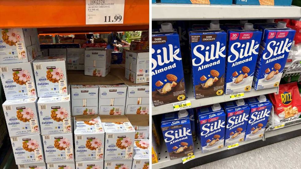 boxes of \u200bKirkland Signature almond beverage at Costco. Right: bottles of Silk almond beverage on shelves at Dollarama.