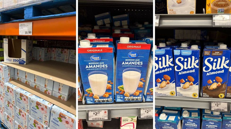 boxes of \u200bKirkland Signature almond beverage. Centre: bottles of Great Value almond beverage. Right: bottles of Silk almond beverage at Walmart.