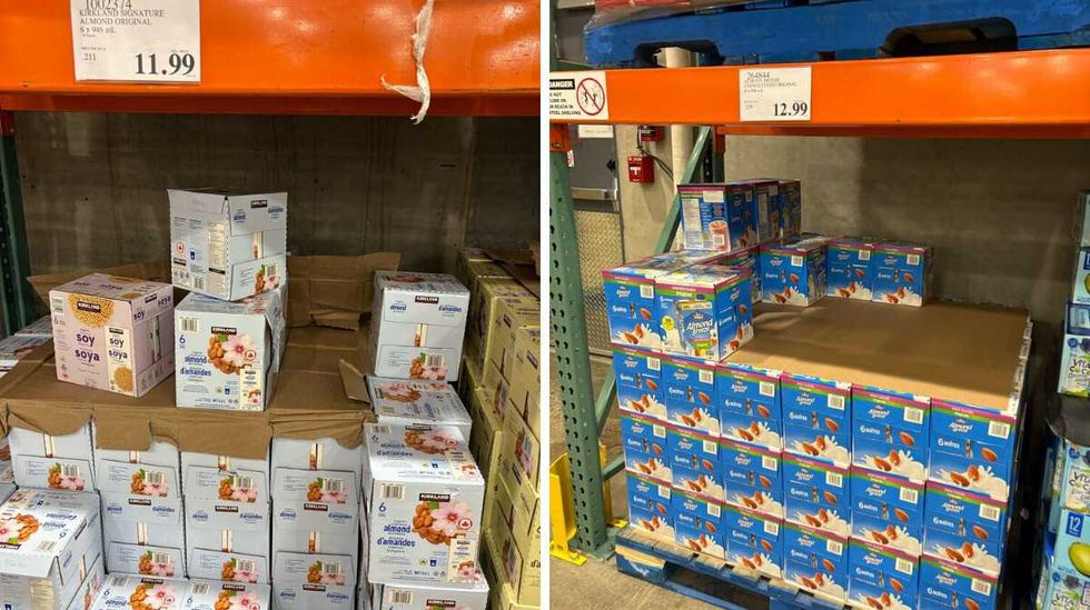 boxes of \u200bKirkland Signature almond beverage. Right: boxes of Almond Breeze almond beverage at Costco.