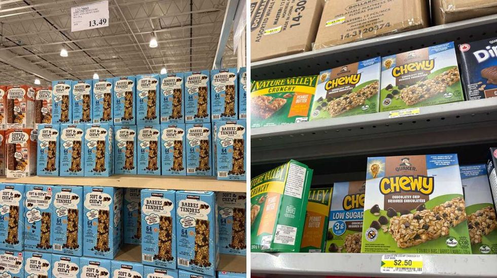 boxes of \u200bKirkland Signature chocolate chip granola bars at Costco. Right: boxes of Chewy chocolate chip granola bars at Dollarama.