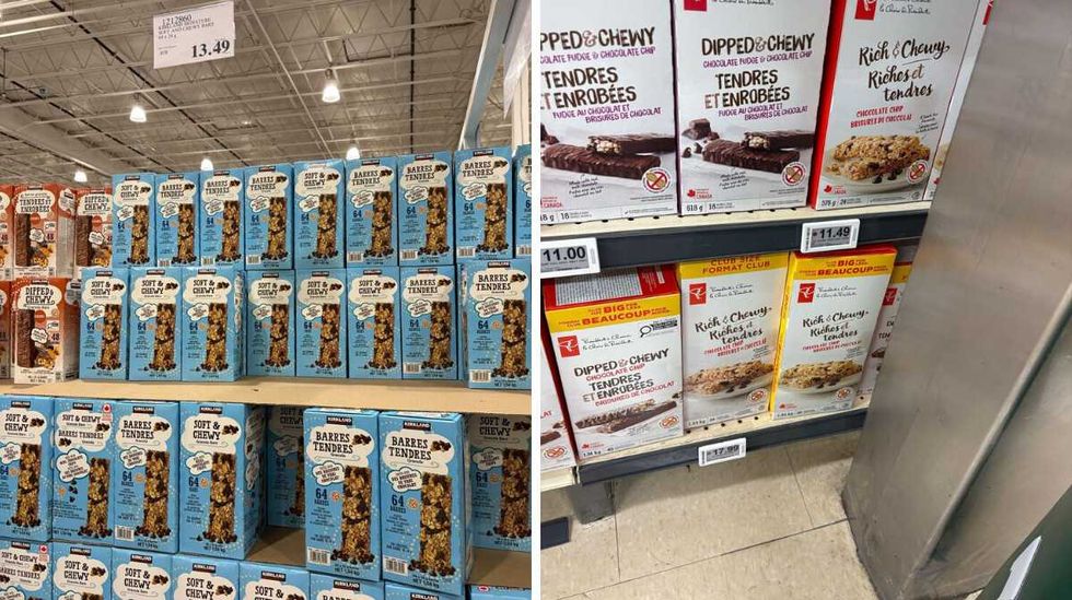 boxes of \u200bKirkland Signature chocolate chip granola bars at Costco. Right: boxes of President's Choice chocolate chip granola bars at Loblaws