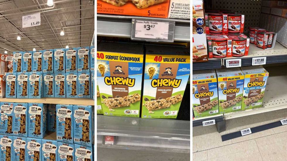 boxes of \u200bKirkland Signature chocolate chip granola bars. Centre: boxes of Quaker Chewy chocolate chip granola bars at Walmart. Right: boxes of Quaker Chewy chocolate chip granola bars at Loblaws.