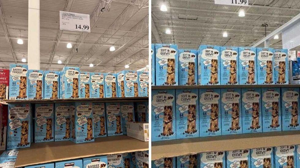 boxes of \u200bKirkland Signature chocolate chip granola bars. Right: boxes of Kirkland Signature chocolate chip granola bars in 2024.