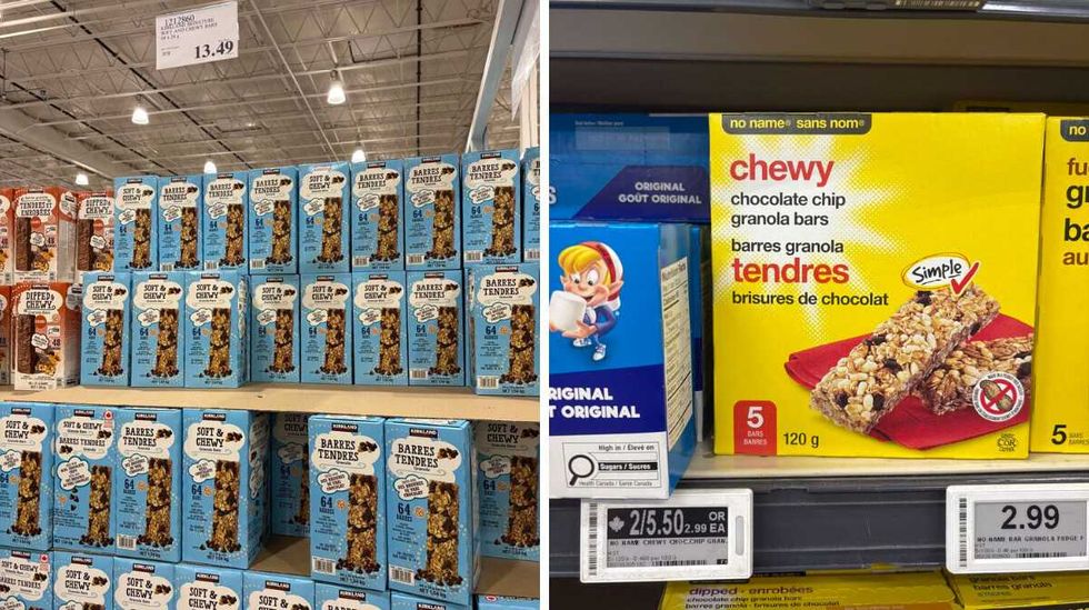 boxes of \u200bKirkland Signature chocolate chip granola bars. Right: boxes of No Name chocolate chip granola bars.