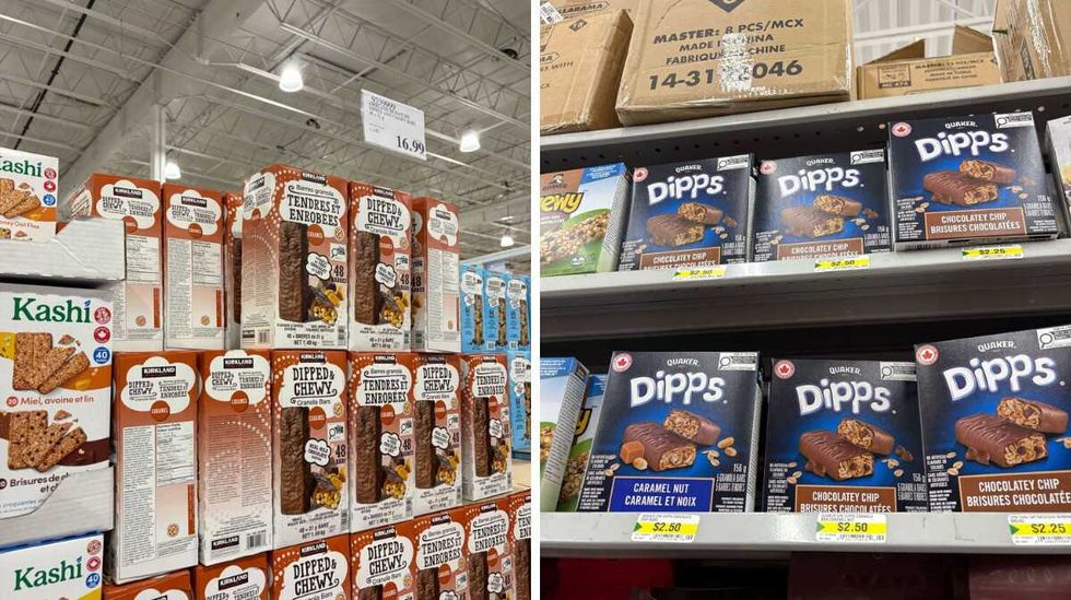 boxes of \u200bKirkland Signature chocolate-covered granola bars at Costco. Right: boxes of Dipps chocolate-covered granola bars at Dolalrama.