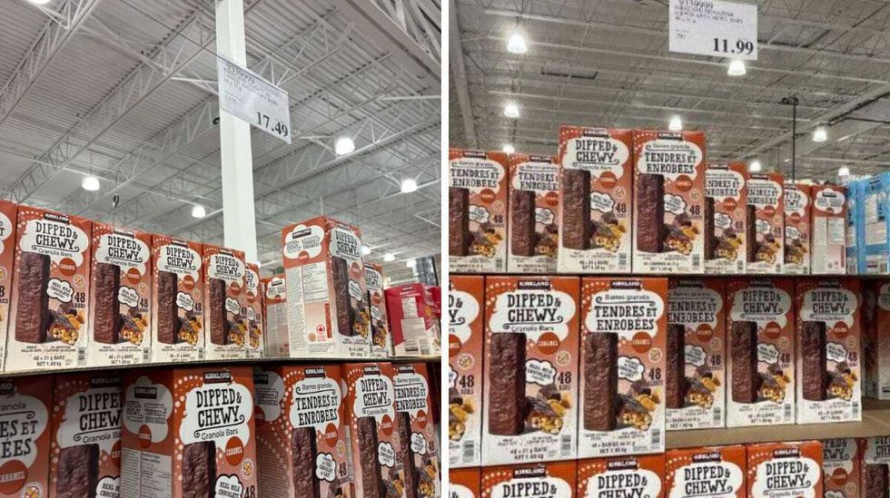 boxes of \u200bKirkland Signature chocolate-dipped granola bar. Right: boxes of Kirkland Signature chocolate-dipped granola bar in 2024.