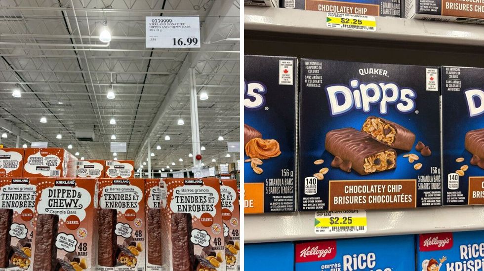 boxes of \u200bKirkland Signature chocolate-dipped granola bars at costco. right: boxes of Quaker Dipps granola bars at dollarama