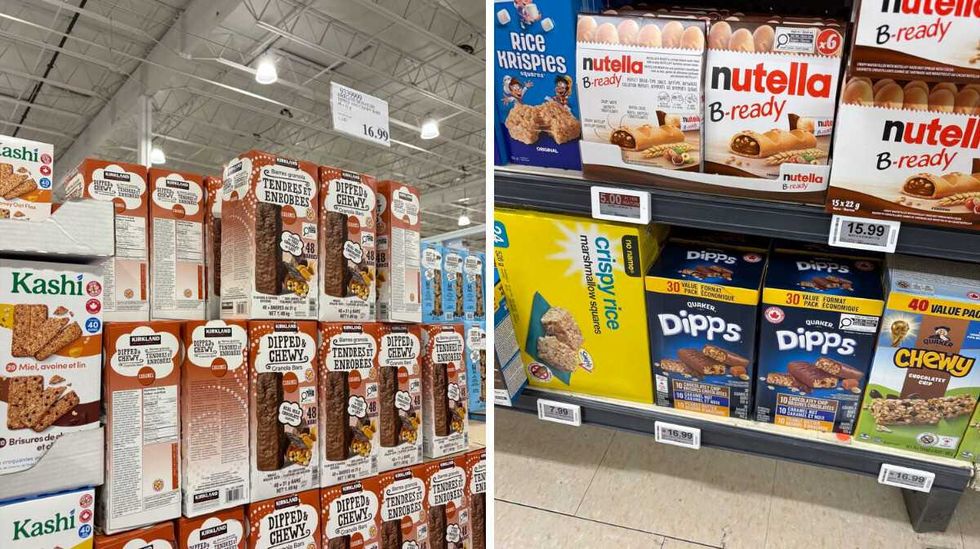boxes of \u200bKirkland Signature chocolate-dipped granola bars. Right: boxes of Quaker Dipps chocolate-dipped granola bars at Loblaws.