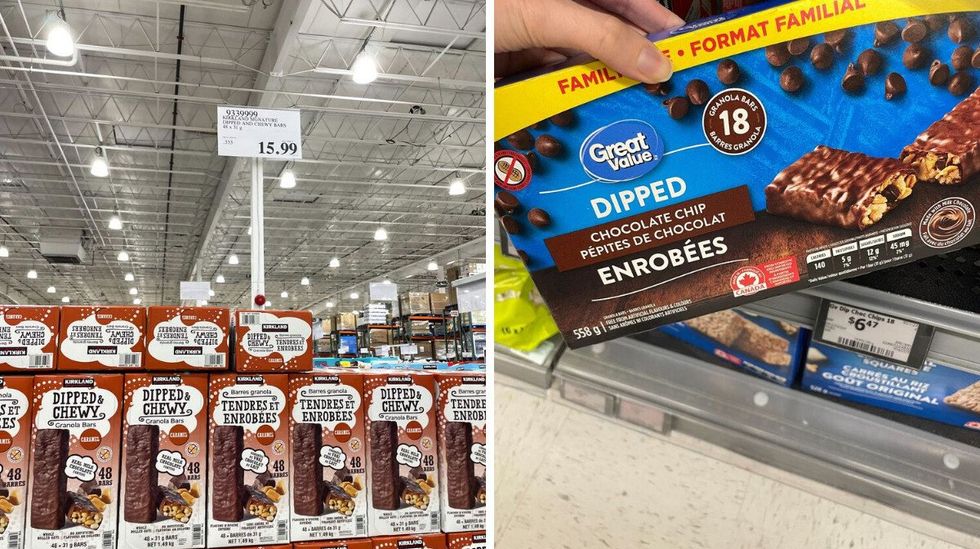 boxes of \u200bKirkland Signature chocolate dipped granola bars. Right: person holding box of Great Value chocolate dipped granola bars.