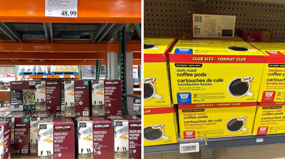 boxes of \u200bKirkland Signature coffee pods. Right: boxes of No Name coffee pods.