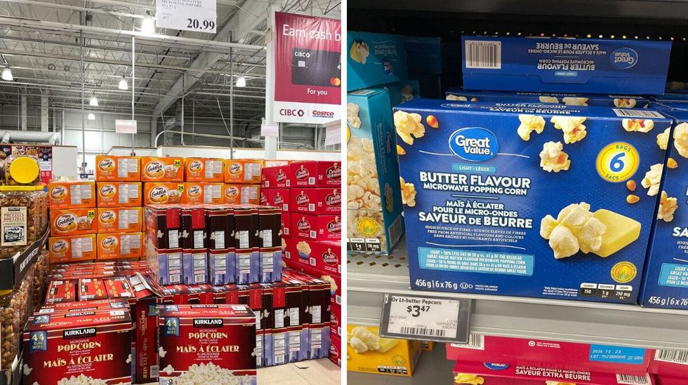 boxes of \u200bKirkland Signature microwave popcorn. Right: boxes of Great Value microwave popcorn.