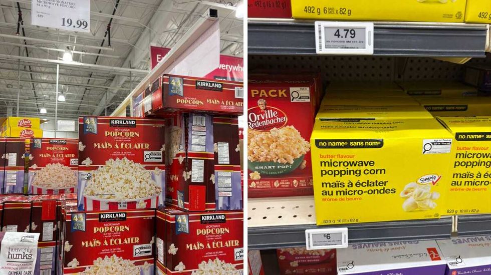 boxes of \u200bKirkland Signature microwave popcorn. Right: boxes of No Name microwave popcorn.