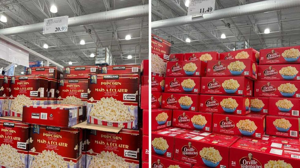 boxes of \u200bKirkland Signature microwave popcorn. Right: boxes of Orville Redenbacher microwave popcorn at costco