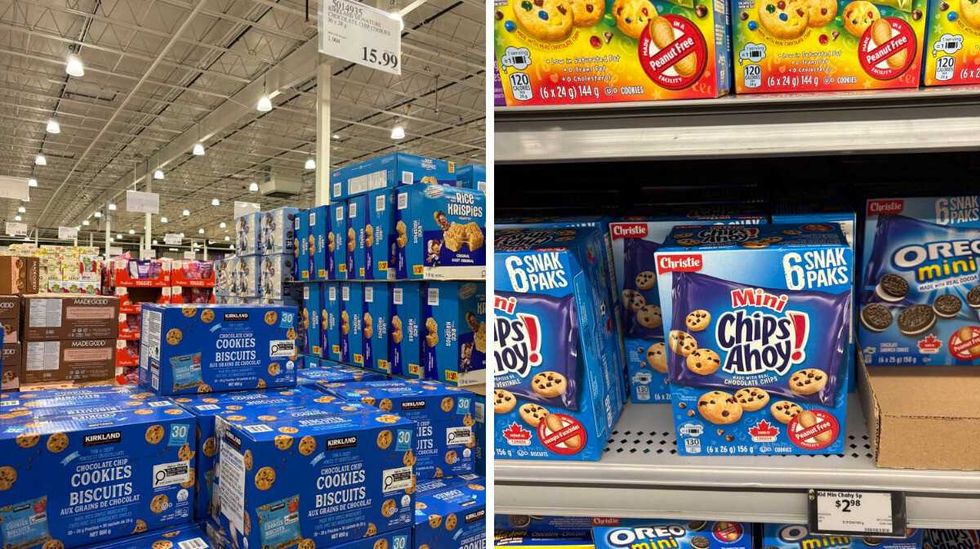 boxes of \u200bKirkland Signature mini chocolate chip cookies. Right: boxes of Chips Ahoy mini chocolate chip cookies at Walmart.