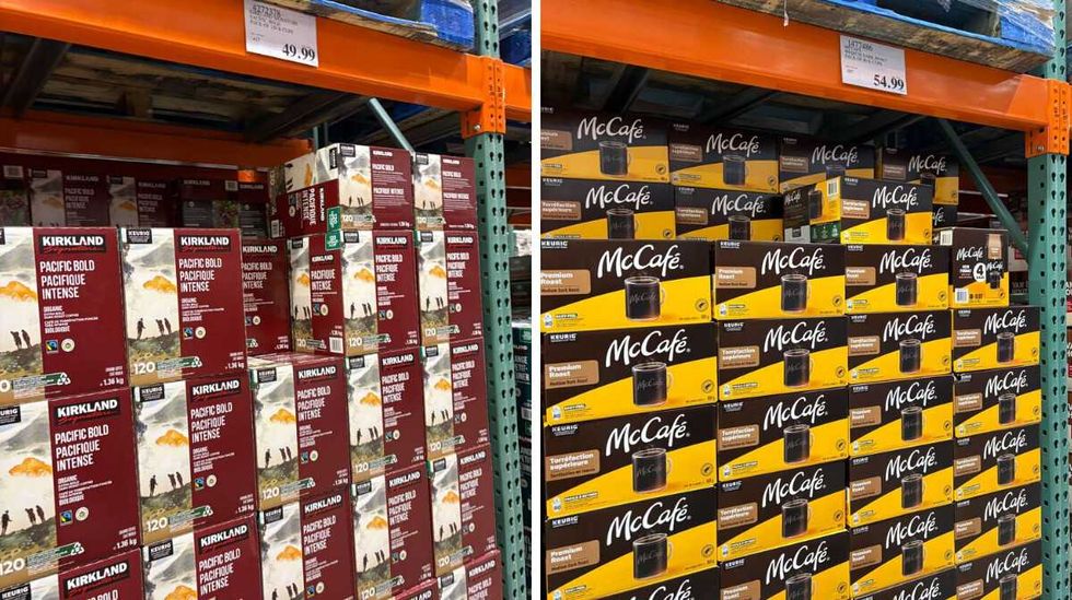 boxes of \u200bKirkland Signature Pacific Bold coffee pods. Right: boxes of McCafe Premium coffee pods.
