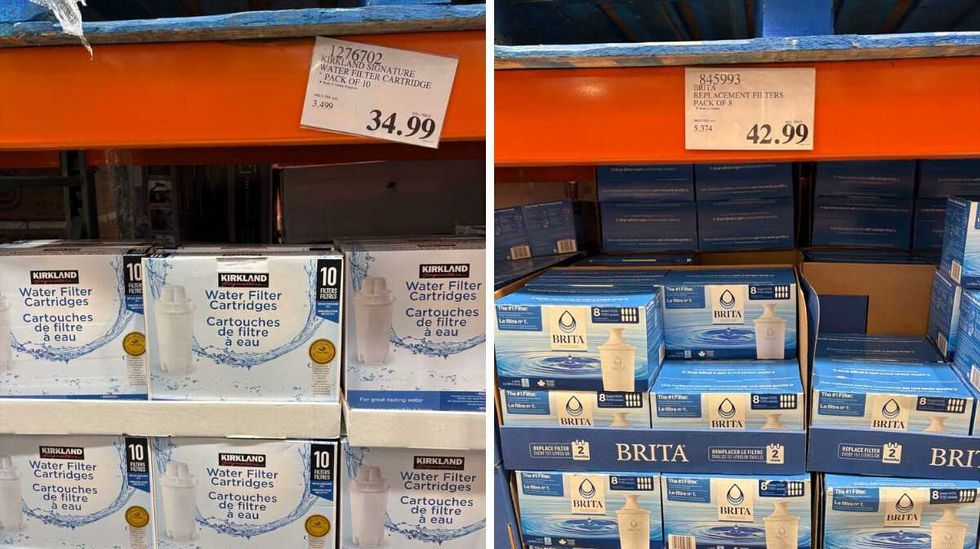 boxes of \u200bKirkland Signature water filters. Right: boxes of Brita water filters at Costco.
