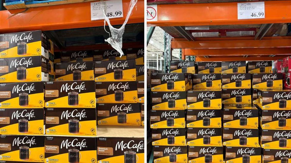 boxes of \u200bMcCafe K-Cup pods at Costco. Right: boxes of McCafe K-Cup pods at Costco in 2025.