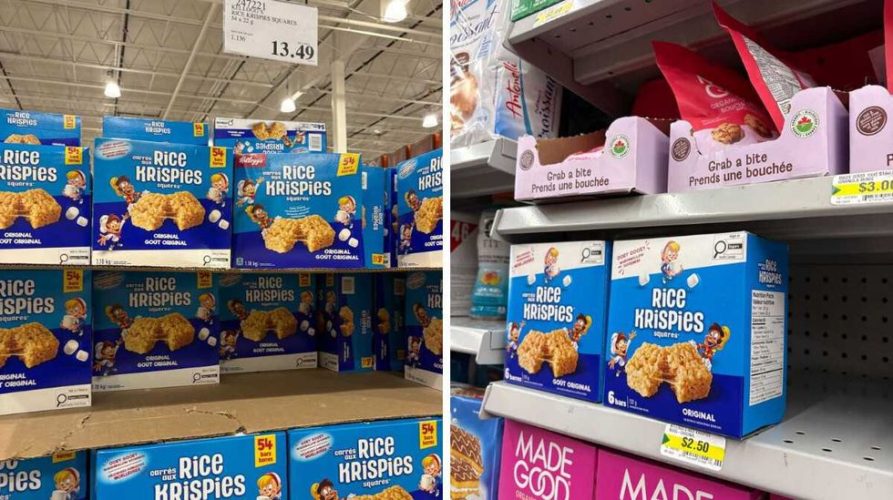 boxes of \u200bRice Krispies Squares at Costco. Right: boxes of Rice Krispies Squares at Dollarama.