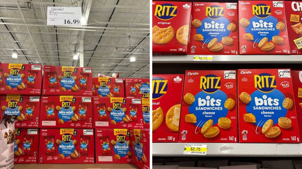 boxes of \u200bRitz sandwich crackers at Costco. Right: boxes of Ritz sandwich crackers at Dollarama.