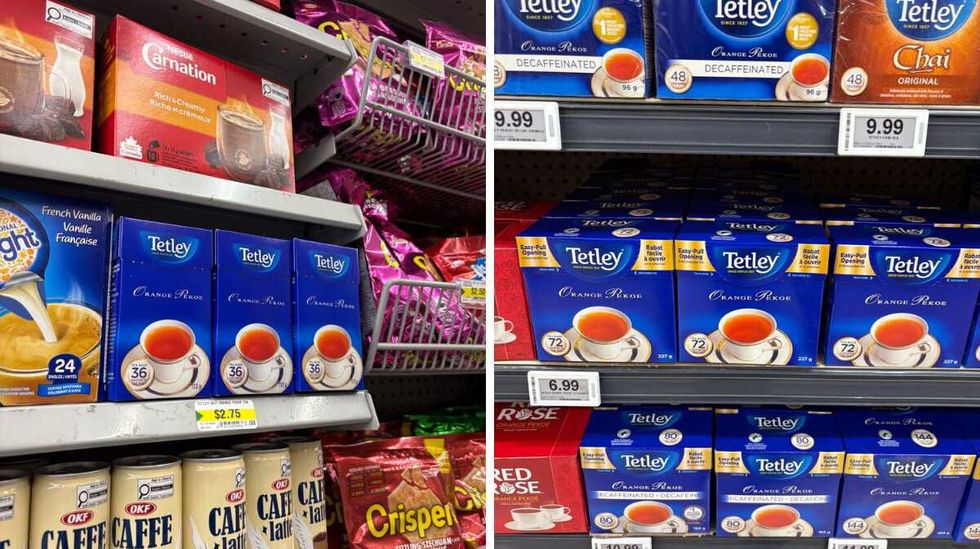 boxes of \u200bTetley orange pekoe tea at Dollarama. Right: boxes of Tetley orange pekoe tea at Walmart.
