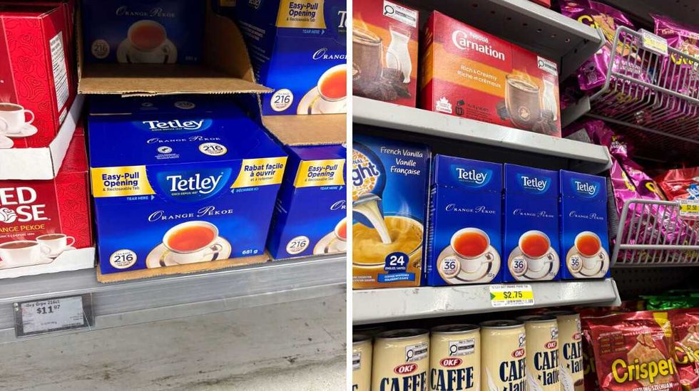 boxes of \u200bTetley orange pekoe tea at Walmart. Right: boxes of Tetley orange pekoe tea at Dollarama.