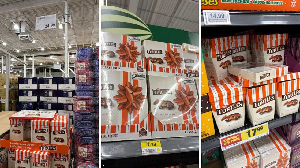 boxes of \u200bTurtles chocolates at Costco. Centre: boxes Turtles chocolates at Walmart. Right: boxes Turtles chocolates at Loblaws.