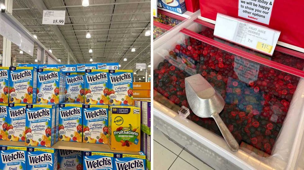 boxes of Welch's fruit snacks at Costco. Right: bin of Fruit gummy snacks at Bulk Barn.