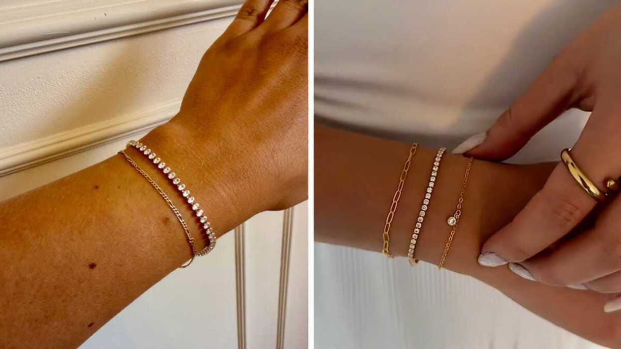 Bracelet tennis avec zircons sur un poignet. Droite : Bracelets tennis classiques en or rempli et en argent sterling sur un poignet.
