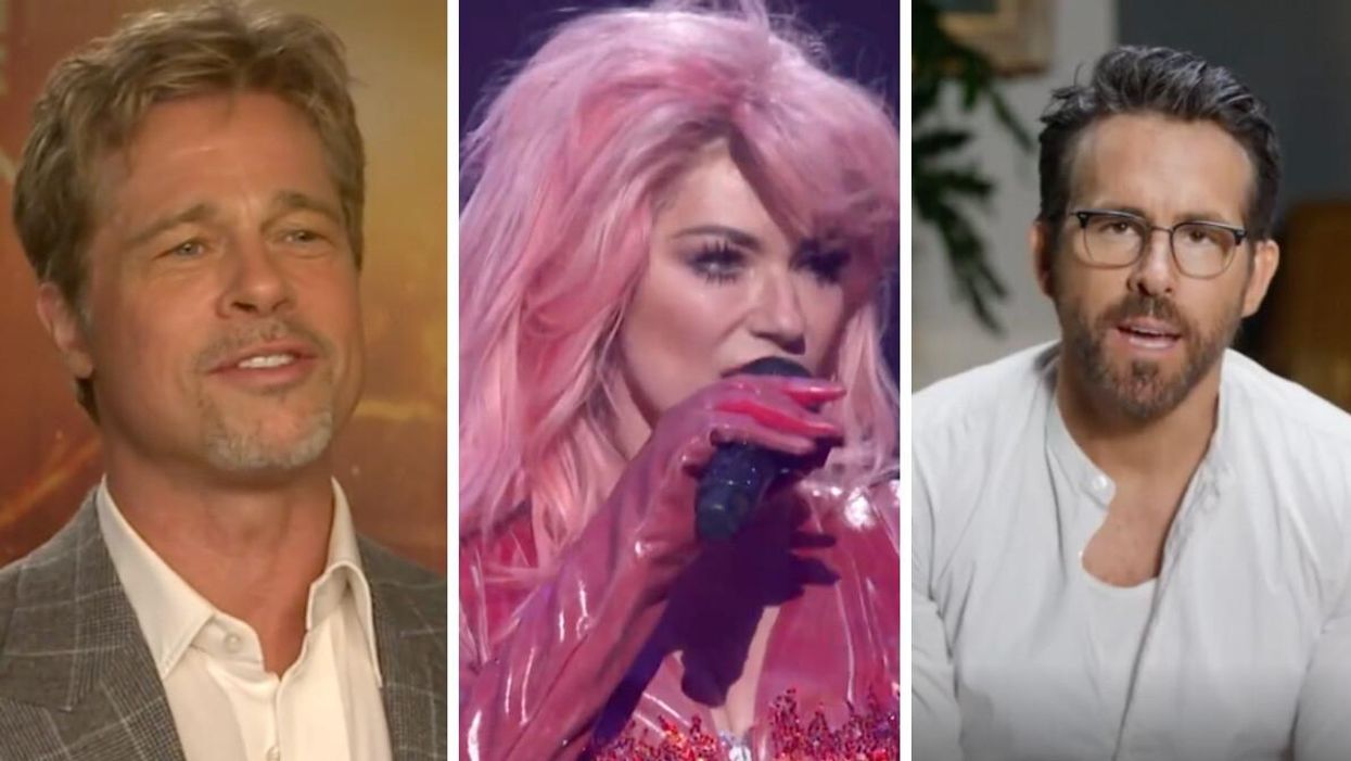 Brad Pitt. Middle: Shania Twain. Right: Ryan Reynolds.