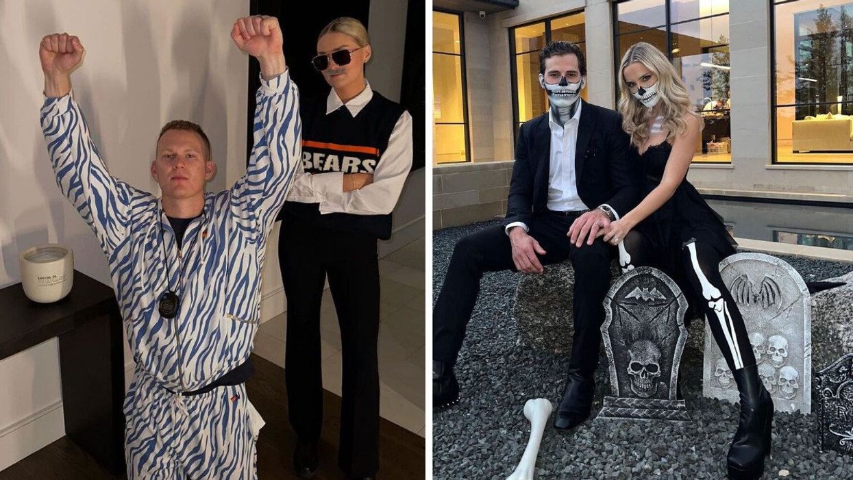 Brady Tkachuk and his wife Emma dressed up for Halloween. Right: Tyler Seguin and his wife Kate in Halloween costumes.