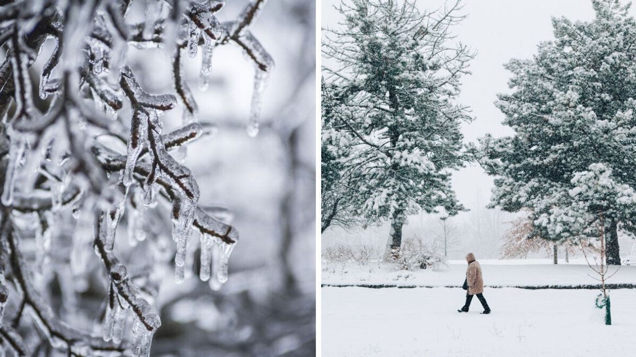 Branches of a tree covered in ice. Right: A person walks outside surrounded by a snowy landscape.