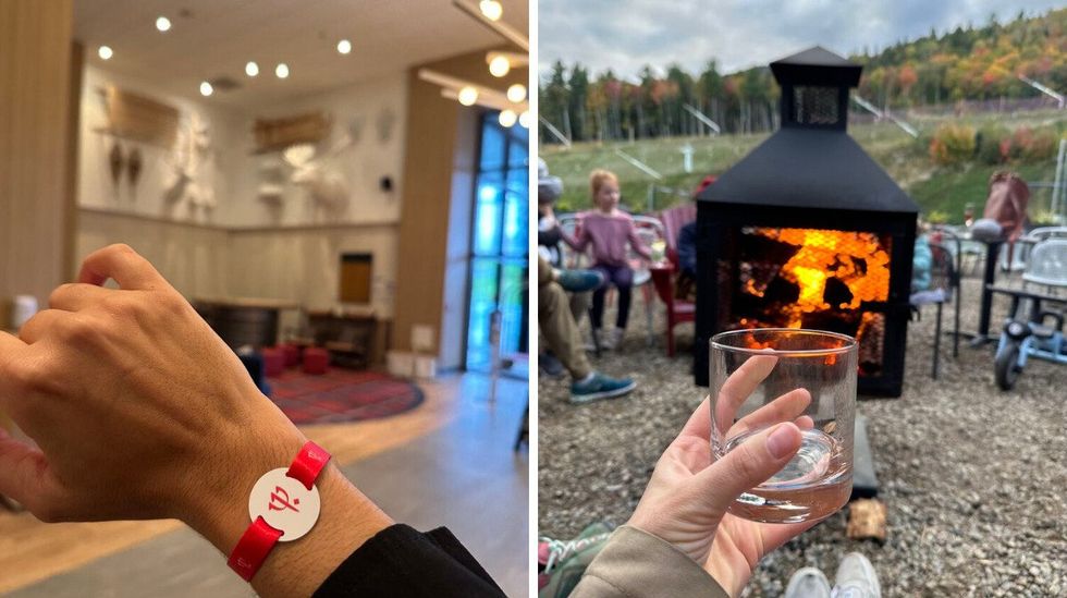 Bras qui montre le bracelet rouge du Club Med. Droite: Un verre devant un feu de foyer ext\u00e9rieur.