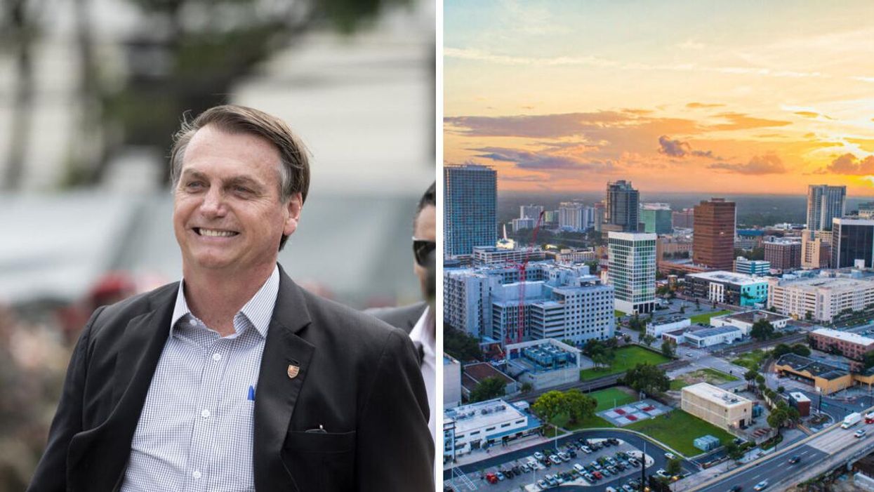 Brazil's Ex-President Jair Bolsonaro smiling. Right: Orlando, FL.