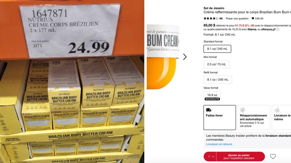 Brazilian Body Butter Cream pour 24,99 $ au Costco. Brazilian Bum Bum Cream pour 65 $ sur le site de Sephora.