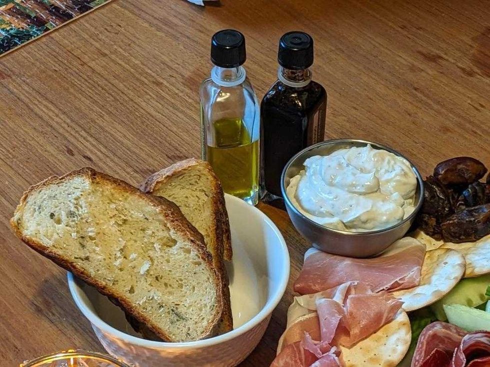 Bread baked by Sarah's boyfriend with olive oil and balsamic.