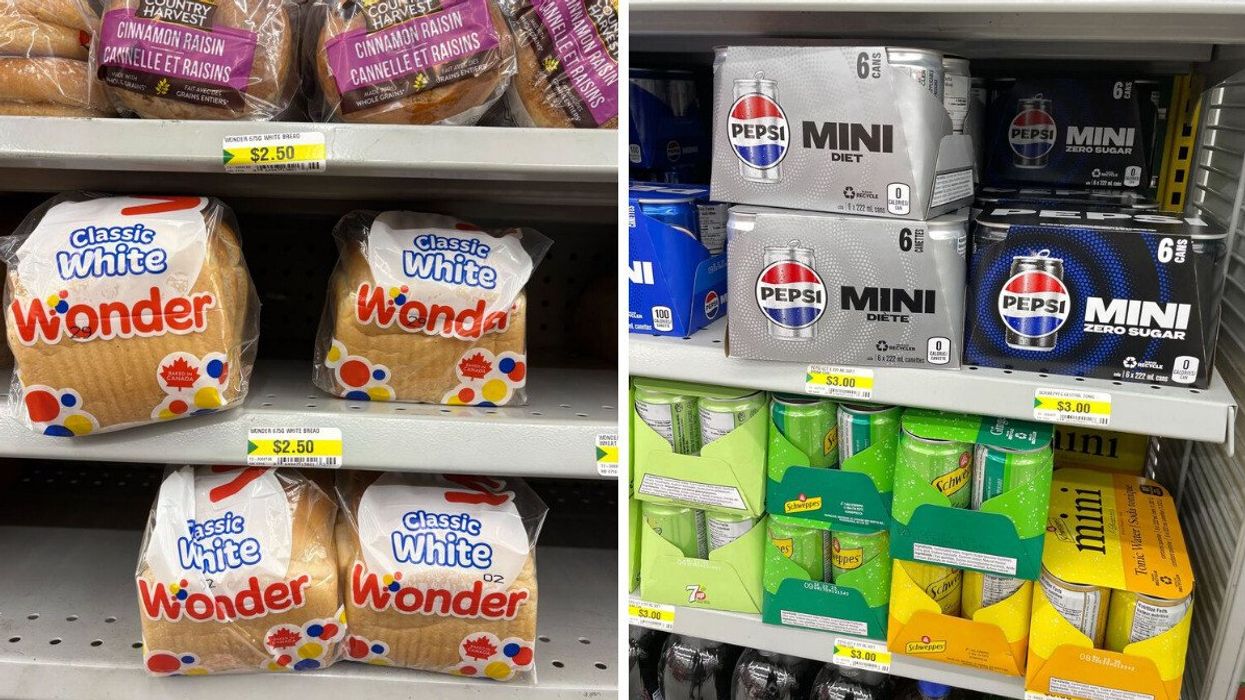 bread loaves on shelves at dollarama. right: cases of pop cans at dollarama