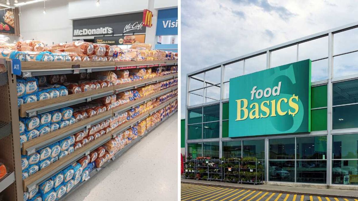 bread on shelves in an aisle at a walmart store in canada. right: exterior of food basics store
