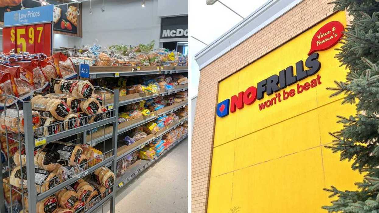 bread products on shelves at walmart store in canada. right: exterior of no frills store in canada with sign
