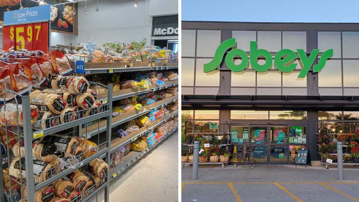 bread products on shelves at walmart store in canada. right: exterior of sobeys store with green sign