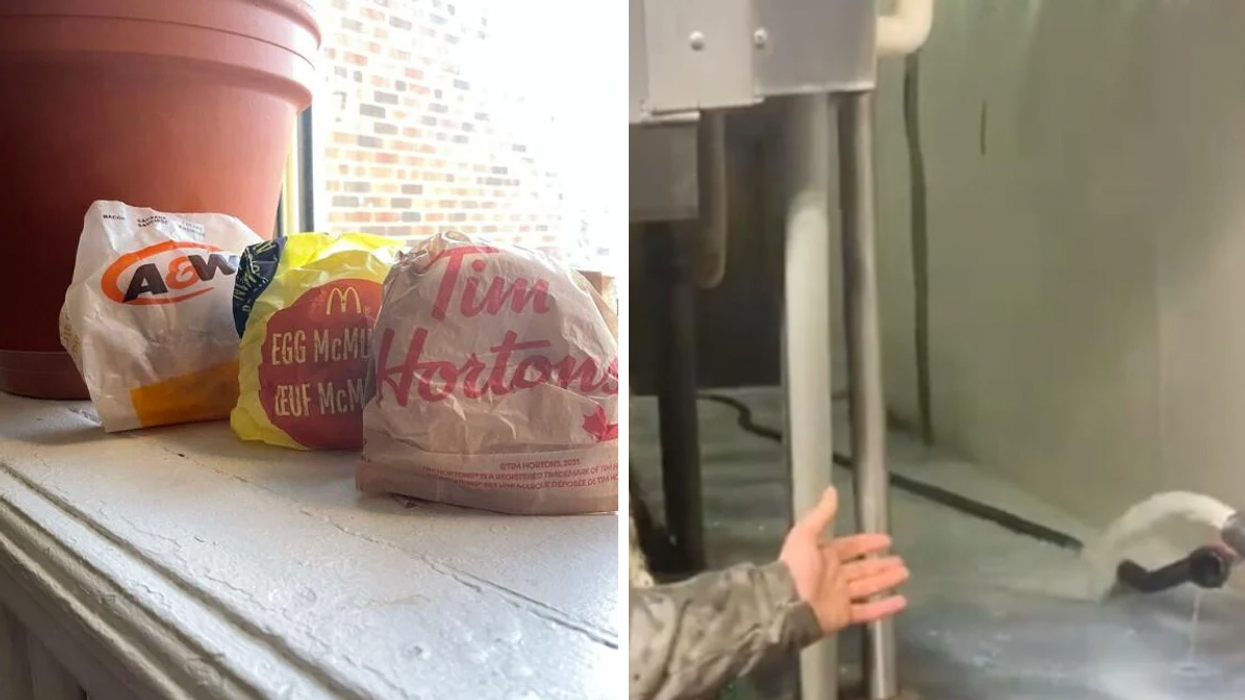 Breakfast sandwiches from McDonald's, A&W and Tim Hortons. Right: Jerry Huigen at gesturing to milk.