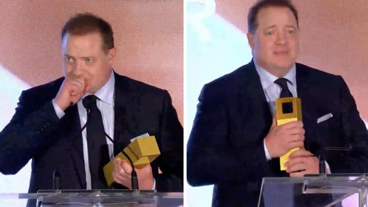 Brendan Fraser accepting his award. Right: Fraser getting emotional at TIFF.